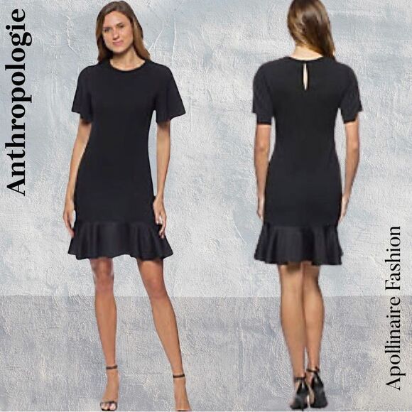 Anthropologie by Marina Black Ruffle Hem MIDI Dress Size Medium New - Picture 1 of 6